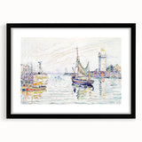 Modern Wall Art: Coastal Harbor Scene with Vibrant Boats and Architecture