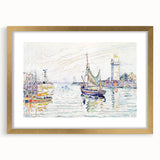Modern Wall Art: Coastal Harbor Scene with Vibrant Boats and Architecture