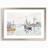 Modern Wall Art: Coastal Harbor Scene with Vibrant Boats and Architecture