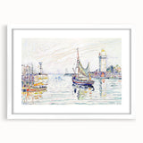 Modern Wall Art: Coastal Harbor Scene with Vibrant Boats and Architecture