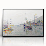 Modern Wall Art: Coastal Harbor Scene with Vibrant Boats and Architecture