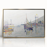Modern Wall Art: Coastal Harbor Scene with Vibrant Boats and Architecture