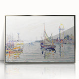 Modern Wall Art: Coastal Harbor Scene with Vibrant Boats and Architecture