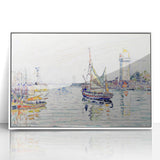 Modern Wall Art: Coastal Harbor Scene with Vibrant Boats and Architecture