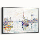 Modern Wall Art: Coastal Harbor Scene with Vibrant Boats and Architecture