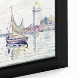 Modern Wall Art: Coastal Harbor Scene with Vibrant Boats and Architecture