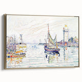 Modern Wall Art: Coastal Harbor Scene with Vibrant Boats and Architecture