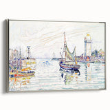 Modern Wall Art: Coastal Harbor Scene with Vibrant Boats and Architecture