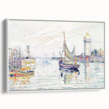 Modern Wall Art: Coastal Harbor Scene with Vibrant Boats and Architecture