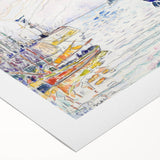 Modern Wall Art: Coastal Harbor Scene with Vibrant Boats and Architecture