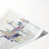 Modern Wall Art: Coastal Harbor Scene with Vibrant Boats and Architecture