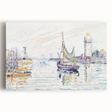 Modern Wall Art: Coastal Harbor Scene with Vibrant Boats and Architecture