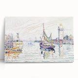Modern Wall Art: Coastal Harbor Scene with Vibrant Boats and Architecture