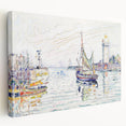 Modern Wall Art: Coastal Harbor Scene with Vibrant Boats and Architecture