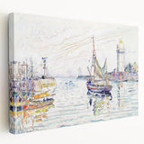 Modern Wall Art: Coastal Harbor Scene with Vibrant Boats and Architecture