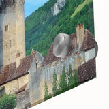 Close-up view of a vibrant acrylic landscape painting featuring a majestic castle surrounded by lush greenery, showcasing intricate details and vivid colors, ideal for home decor.