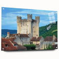 Acrylic glass artwork showcasing a detailed side view of a stunning castle landscape, elegantly mounted with pins, ideal for home decor and art enthusiasts.