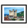 Black-framed landscape artwork depicting a serene castle scene, featuring a white mat for an elegant presentation, perfect for home decor and art enthusiasts.