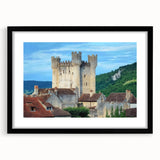Black-framed landscape artwork depicting a serene castle scene, featuring a white mat for an elegant presentation, perfect for home decor and art enthusiasts.