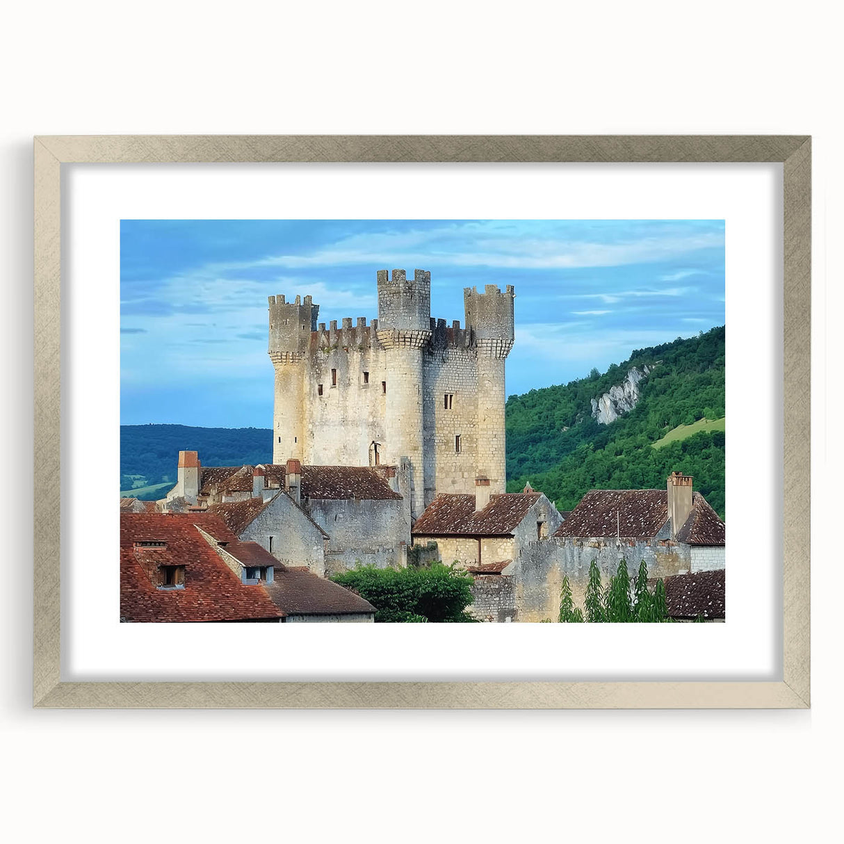 Elegant silver-framed landscape artwork featuring a picturesque castle scene, beautifully matted for display. Ideal for enhancing home decor with a touch of sophistication.