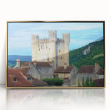 Framed acrylic artwork showcasing a picturesque landscape of a castle, highlighted by a stunning gold frame, perfect for home decor and enhancing interior aesthetics.