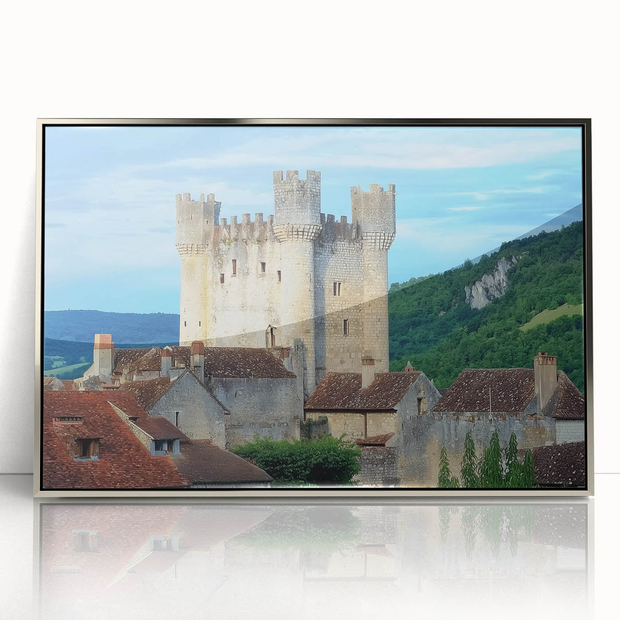 Framed acrylic artwork showcasing a stunning landscape with a castle, presented in a sleek silver frame, ideal for home decor and art enthusiasts.