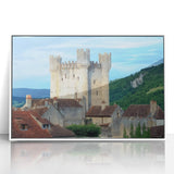 Framed acrylic artwork showcasing a vibrant landscape with castles, featuring a white frame and clear detailing, ideal for enhancing home decor in living spaces.