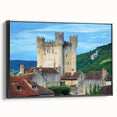 Framed canvas artwork showcasing a picturesque landscape with a majestic castle, set against a serene backdrop, featuring sleek black framing and vibrant colors. Ideal for enhancing home decor with a classic touch.
