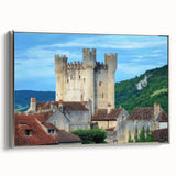 Framed canvas artwork showcasing a picturesque landscape with a majestic castle, elegantly presented with a silver frame, perfect for enhancing home decor.