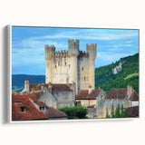 Framed canvas artwork depicting a serene landscape with a majestic castle, showcasing vibrant colors and intricate details, perfect for home decor.