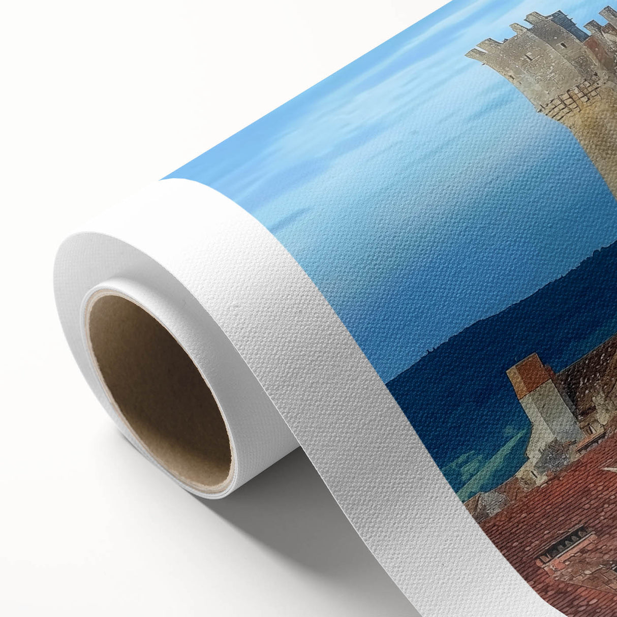 Rolled canvas print showcasing a vibrant landscape featuring majestic castles under a clear blue sky, designed for home decor. Perfect for art enthusiasts and collectors.