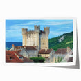 Rolled print showcasing a vibrant landscape with a medieval castle nestled in lush greenery, packaged securely in a protective cardboard tube for safe delivery.