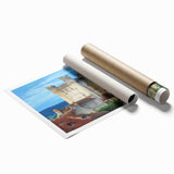 Rolled print of a picturesque landscape showcasing a majestic castle surrounded by lush greenery, presented in a sturdy cardboard tube for safe storage.