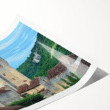 Rolled print showcasing a vibrant landscape featuring a majestic castle surrounded by lush greenery, ideal for home decor, packaged securely in a protective tube.