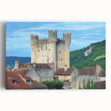 Stretched canvas artwork showcasing a vibrant landscape featuring a majestic castle surrounded by lush greenery, perfect for home decor or office aesthetics.
