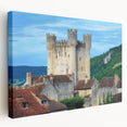 Stretched canvas artwork depicting a vibrant landscape with a majestic castle surrounded by lush greenery, ideal for home decor or art enthusiasts.