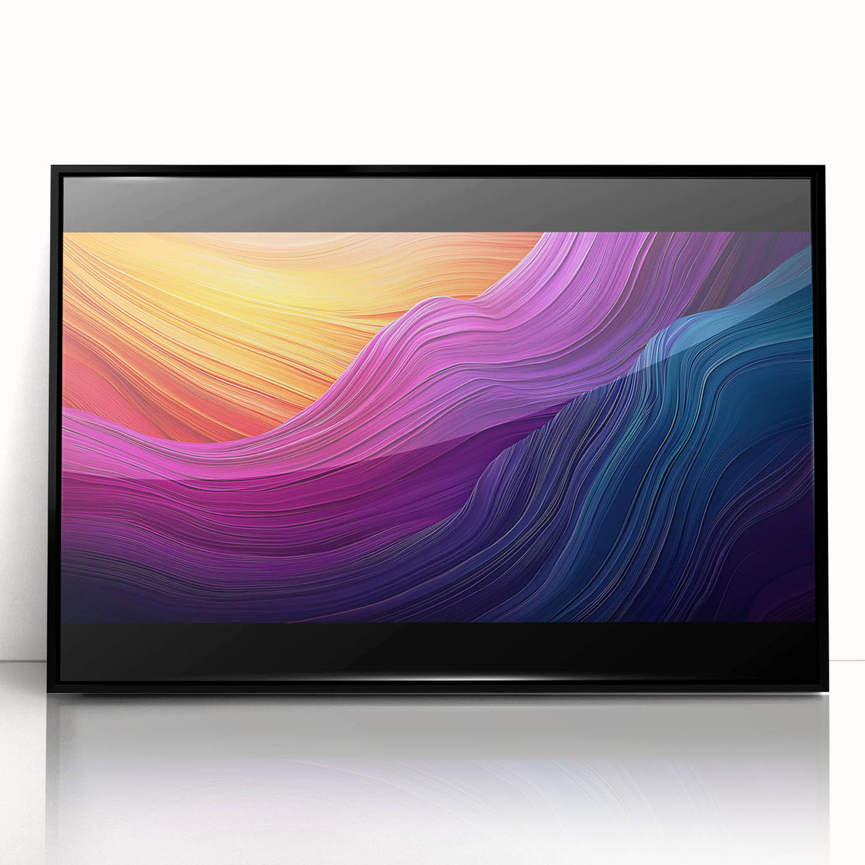 Framed acrylic artwork depicting a stunning cave landscape with rich textures and vibrant colors, set against a sleek black frame, ideal for home décor.