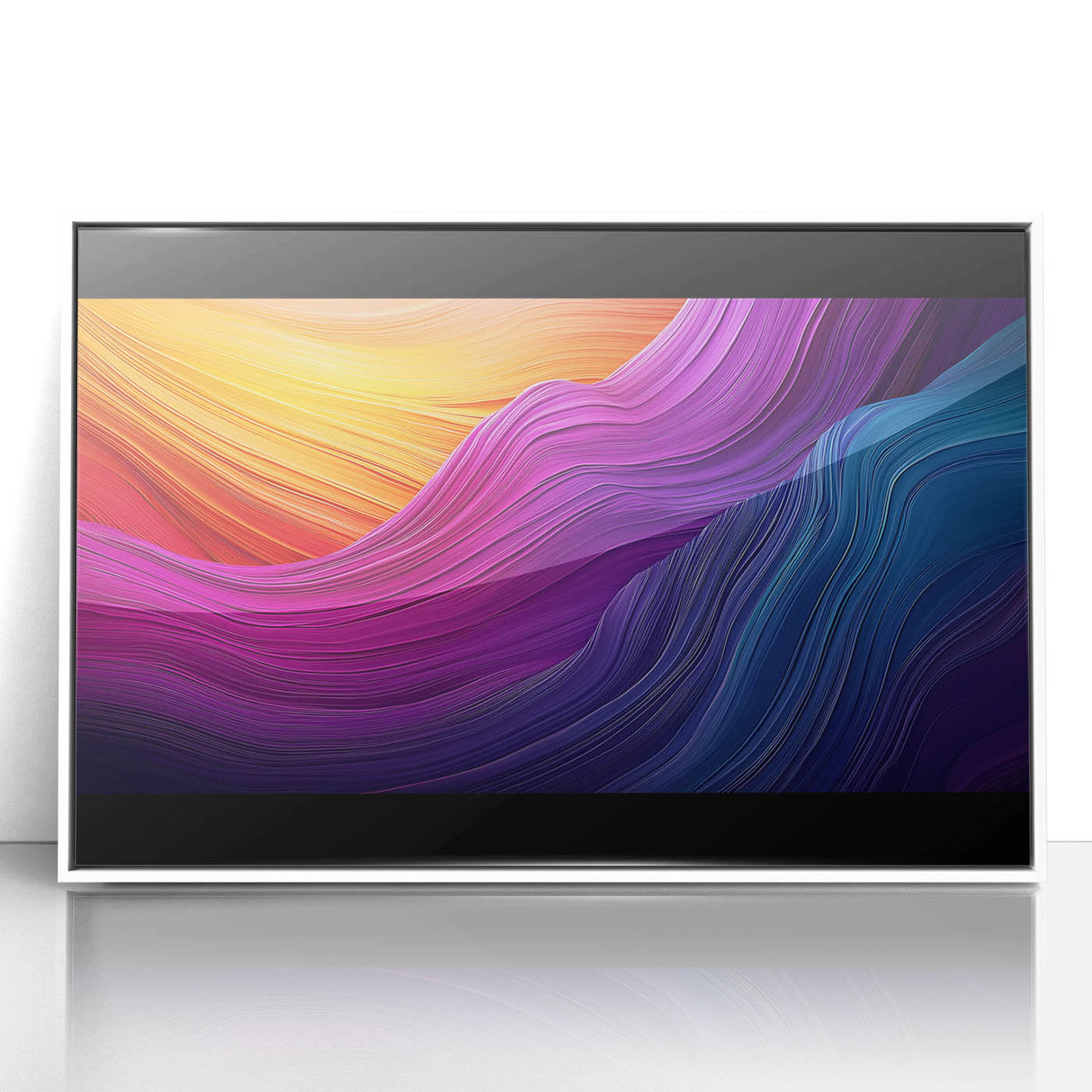 Framed acrylic artwork showcasing a stunning landscape with caves, featuring vibrant colors and intricate details, set in a sleek white frame for modern decor.