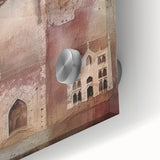 Close-up of an abstract architectural wall art piece, showcasing vibrant colors and intricate details on acrylic glass, perfect for modern home decor.