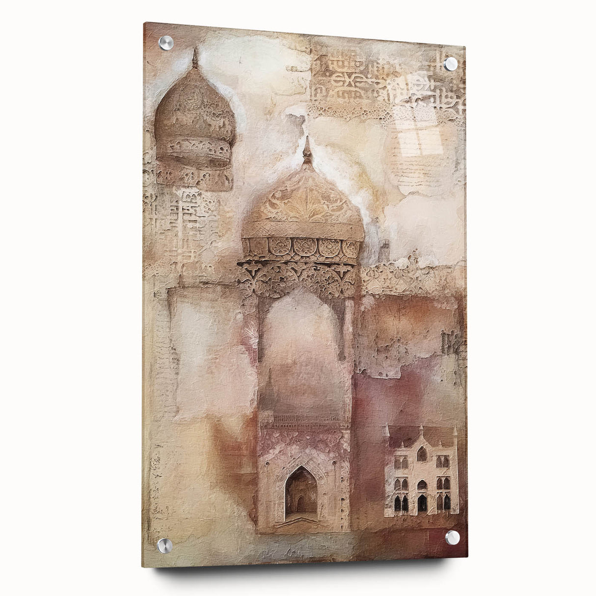 Abstract architectural wall art piece displayed in a side view, featuring vibrant colors and sleek acrylic glass finish, accented with decorative pins for a modern touch. Ideal for contemporary home decor or office spaces.