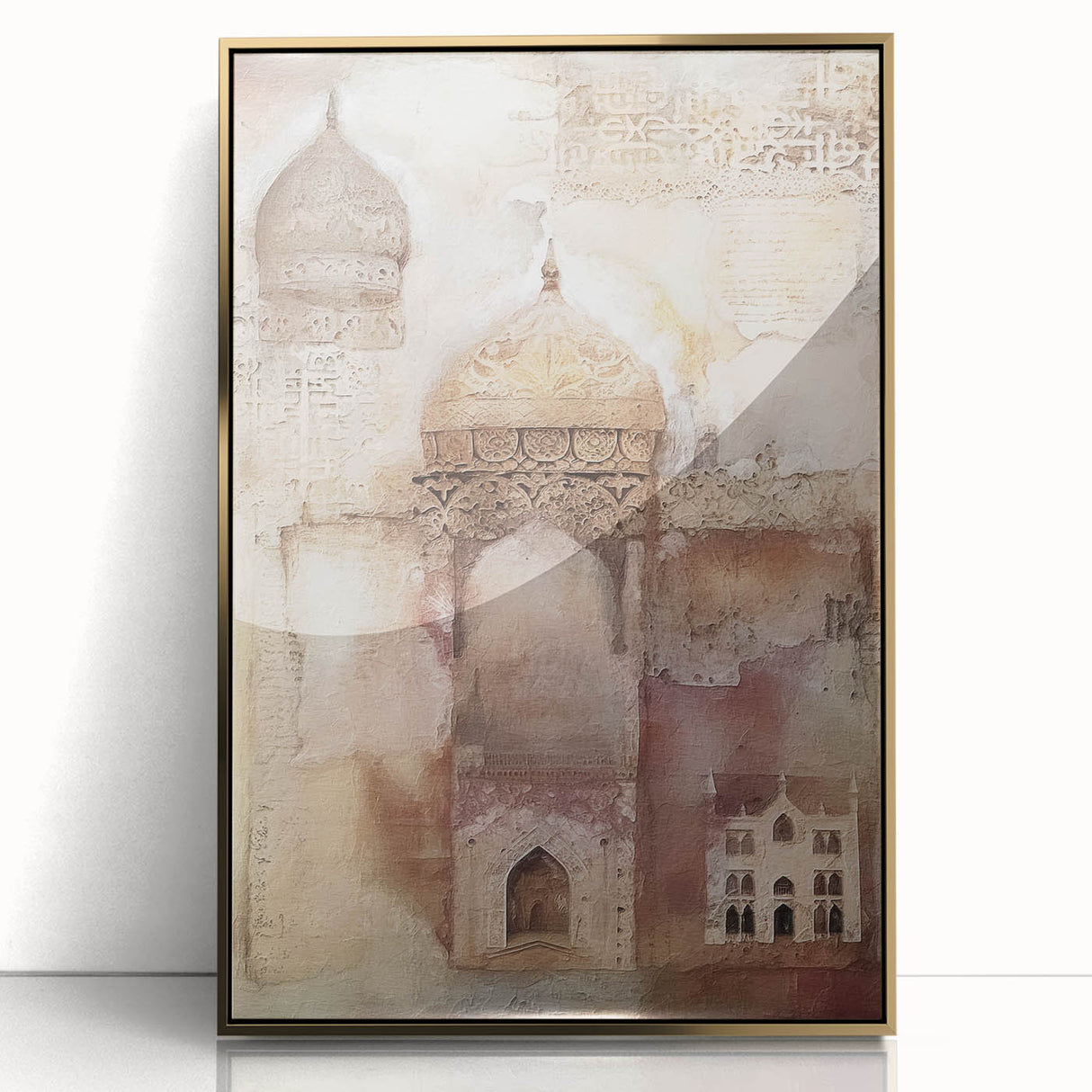 Framed acrylic wall art showcasing abstract architecture in gold tones, featuring geometric patterns and modern design elements, perfect for contemporary decor.