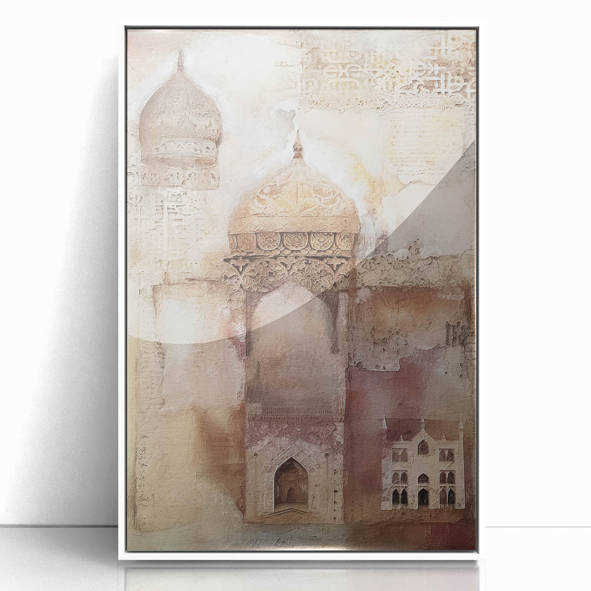 Framed abstract architecture wall art in a sleek white frame, showcasing geometric shapes and vibrant colors, ideal for modern home decor.