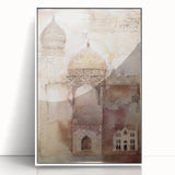 Framed abstract architecture wall art in a sleek white frame, showcasing geometric shapes and vibrant colors, ideal for modern home decor.