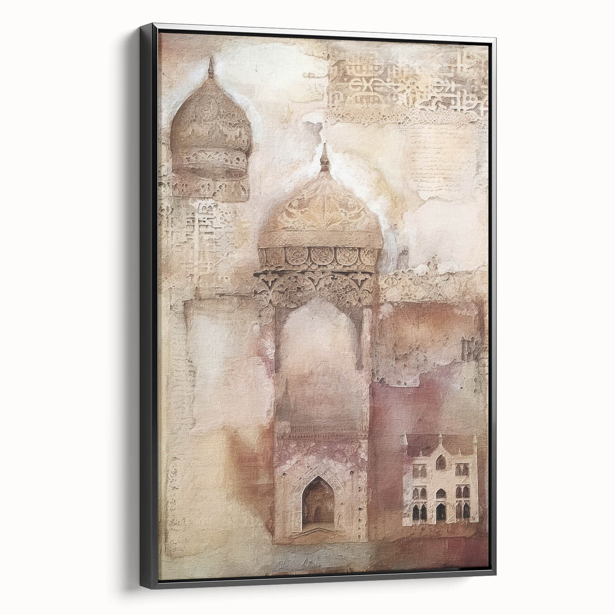 Framed abstract architecture wall art showcasing intricate geometric designs in a monochrome palette, displayed from a side view, ideal for modern interiors.