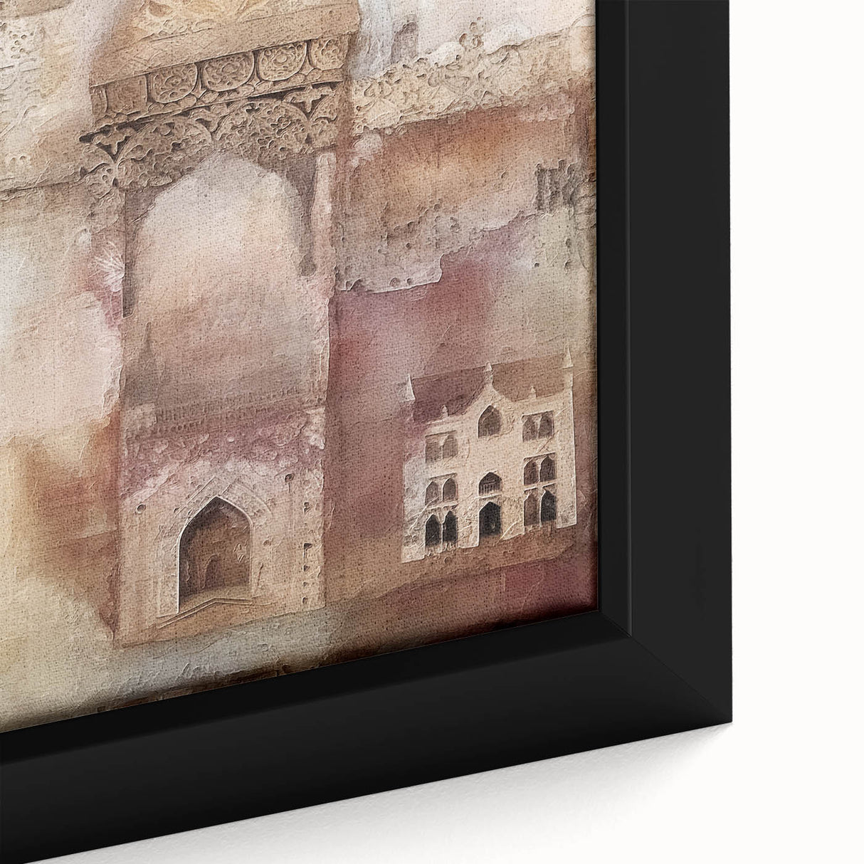 Abstract architectural wall art featuring geometric shapes in vibrant colors, framed in a sleek black frame, ideal for modern home decor. The close-up highlights intricate details and textures.