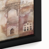 Abstract architectural wall art featuring geometric shapes in vibrant colors, framed in a sleek black frame, ideal for modern home decor. The close-up highlights intricate details and textures.
