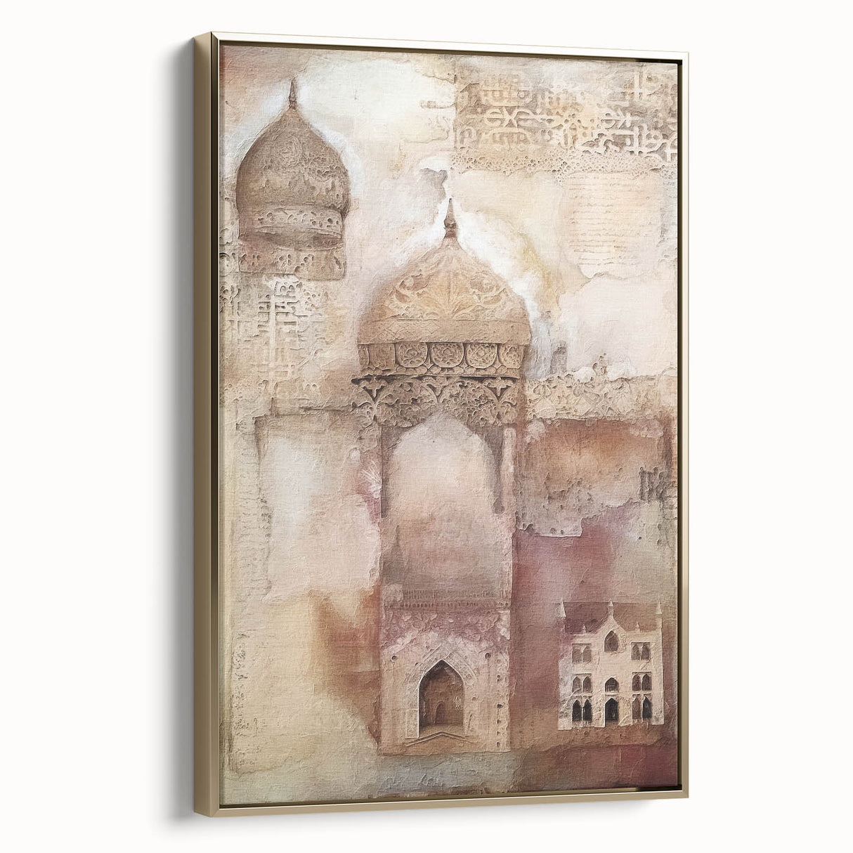 Framed canvas wall art showcasing a modern abstract architectural design in striking gold tones, perfect for contemporary home decor or office spaces.