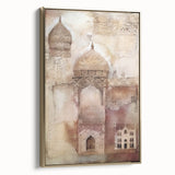 Framed canvas wall art showcasing a modern abstract architectural design in striking gold tones, perfect for contemporary home decor or office spaces.