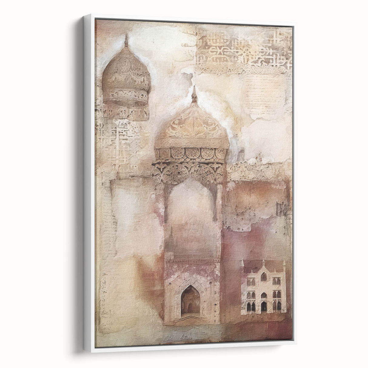 Framed canvas artwork showcasing an abstract architectural design in white and gray tones, displayed from a side view against a neutral background, perfect for modern home decor.