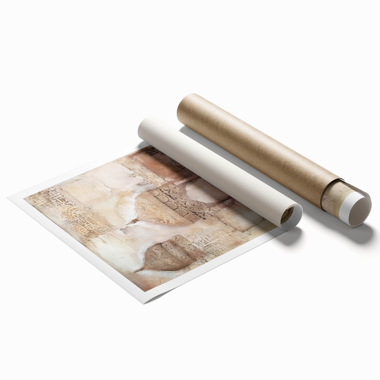 Abstract architectural wall art print featuring geometric shapes and vibrant colors, rolled and secured in a protective cardboard tube for easy transport. Perfect for modern home decor enthusiasts seeking unique artistic statements.